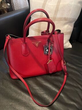 Prada  double medium Red Saffiano Leather bag with Adjustable Strap